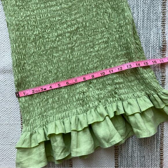 Faithfull The Brand Green 100% Linen Short Puff Sleeve Smocked Mini Dress 8 - Picture 9 of 16